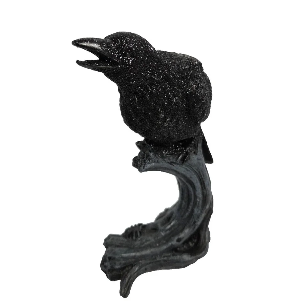 Black Raven Crow Figurine Tree Stump Gothic Halloween Decor Glitter Resin Statue